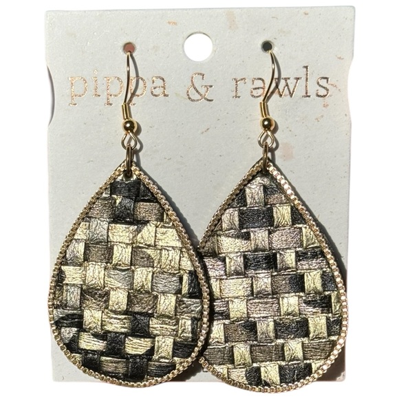 pippa & rawls Jewelry - PIPPA & RAWLS Genuine Leather Basket Weave Black Gold Teardrop Earrings NEW